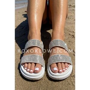 Qupid White Rhinestone Slide Sandals | Double Strap Sparkly Slip On Summer Shoes